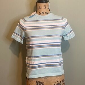 NWT Mango Womens Casual Preppy Striped Short Sleeve Knit Top Light Blue‎ Size XS